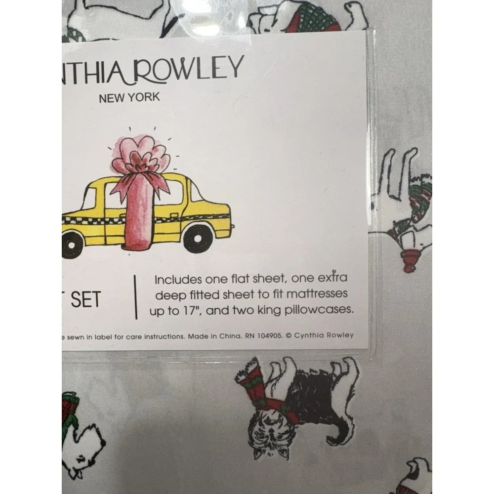 Cynthia Rowley Christmas Dog KING Sheet‎ Set Holiday Winter Sweater Scarf XDeep